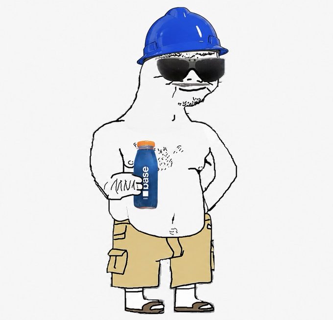 A muscular anthropomorphic figure wearing a blue hard hat and sunglasses holds a blue bottle labeled "base." The image is a playful fan-made representation of the "base" cryptocurrency, fitting the post asking about "base uncs" (NFT-style profile pictures on the Base blockchain).