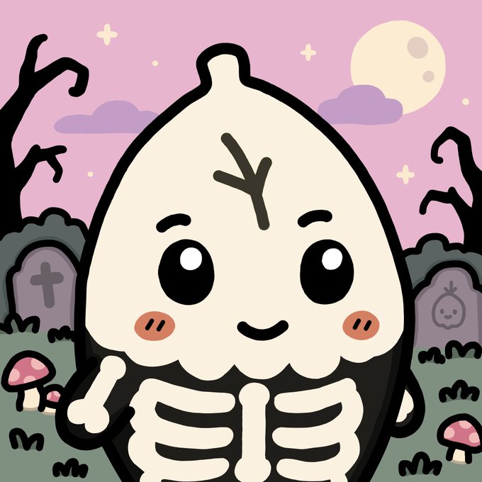 A cute cartoon illustration of a smiling skeleton character with a cracked skull and blushing cheeks, standing in a graveyard at night with a full moon, tombstones, mushrooms, and spooky trees in the background.