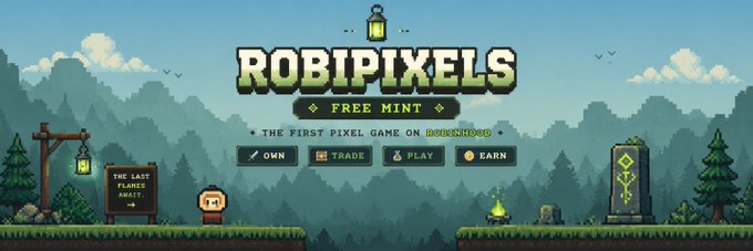A pixel-art promotional banner for "ROBIPIXELS" advertises a free mint on "BSCCHAIN.ORG" with options to Own, Trade, Play, and Earn, featuring the tagline "The First Pixel Game on BSCCHAIN" alongside a sign reading "The Last Flames Awaits...!!" — matching the post's call for 7 OG and 3 WL giveaways across 2,222 supply.
