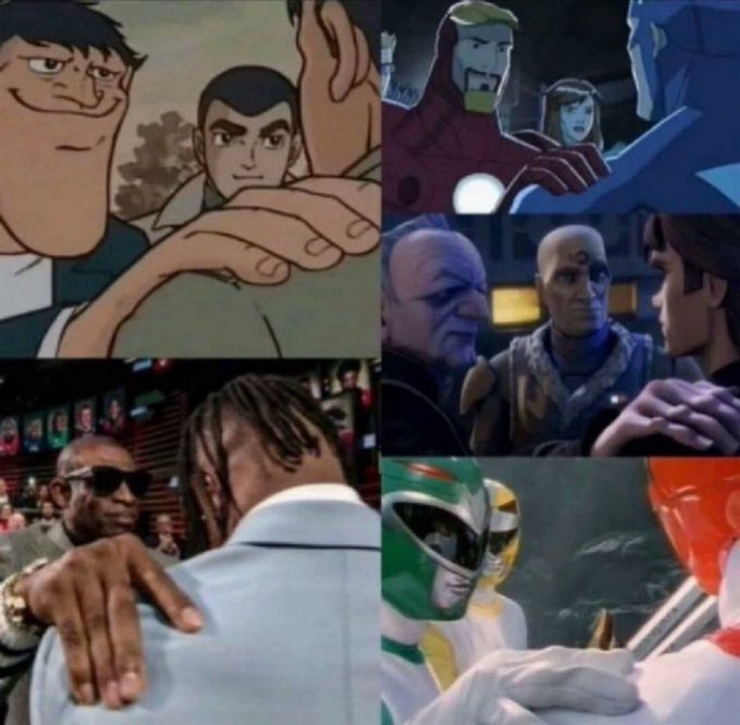 A four-panel meme shows characters handshaking in different contexts: animated characters, DC superheroes (Iron Man and Superman area), live-action fighters, and Power Rangers in combat scenes.