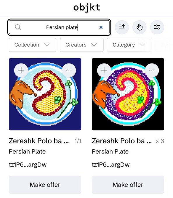 A screenshot of the objkt NFT marketplace showing a search for 'Persian plate', displaying pixel art collectibles titled 'Zereshk Polo ba...' with 'Make offer' buttons.
