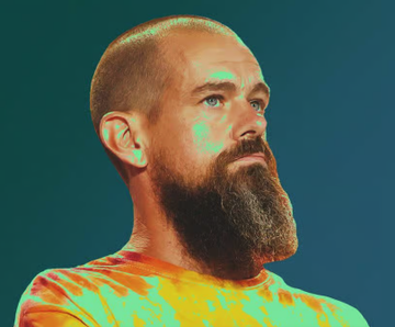 A stylized, high-contrast portrait of a bearded man in an orange shirt against a teal background, representing Jack Dorsey, the founder of Block Inc., the company highlighted in the post for its significant Bitcoin treasury holdings.