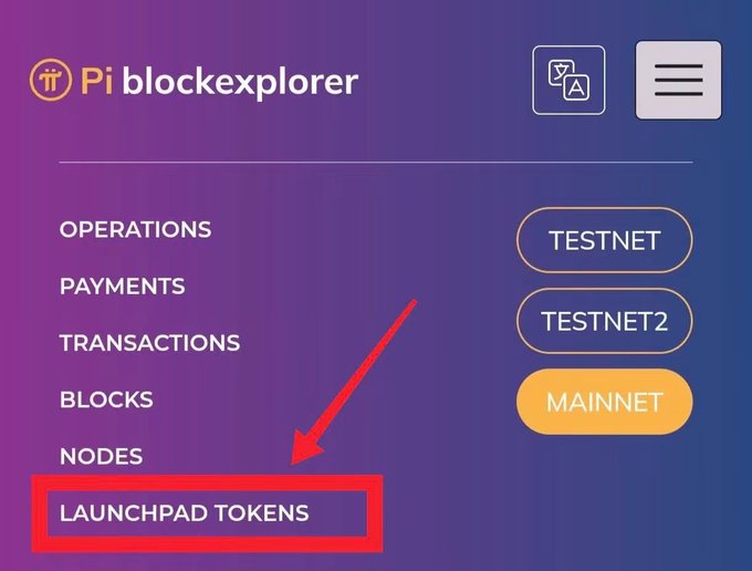 The Pi blockexplorer interface displays a menu with options including OPERATIONS, PAYMENTS, TRANSACTIONS, BLOCKS, NODES, and LAUNCHPAD TOKENS, with a red arrow pointing to the launchpad tokens option.