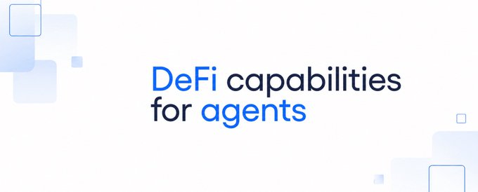 The image features a banner with blue squares that reads "DEFI capabilities for agents" written in white text. The background of the image is gray, which contrasts nicely with the blue squares. There are also some small squares scattered around the image, adding visual interest and depth to the overall design.