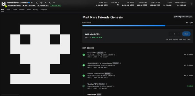 The image shows an OpenSea page for the "Rare Friends Genesis" NFT collection, displaying the minting progress with 767/1024 items minted. A pixelated skull logo is featured prominently on the left, with a Whitelist FCFS mint option and various mint schedules showing different stages (Propolis Mint, SHARKFRIENDS Fan Launch Supply, Partners Airdrop Supply, Whitelist FCFS, and Public stage), directly visualizing the ongoing minting event mentioned in the tweet.