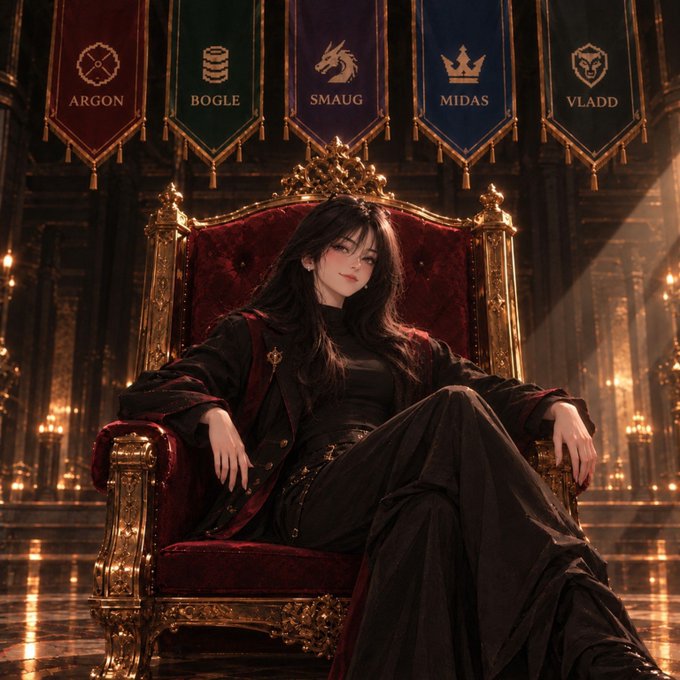 An illustration of a dark-haired woman in black and red attire sitting on an ornate golden and red throne, with five banners behind her labeled 'ARGON', 'BOGLE', 'SMAUG', 'MIDAS', and 'VLADD'.
