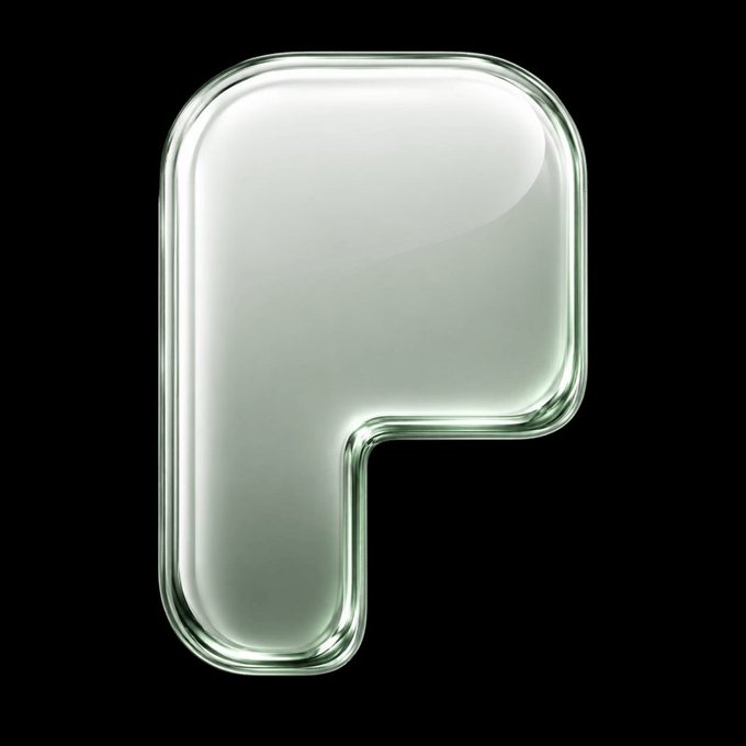 A glossy, green-tinted letter "P" rendered in a glass-like 3D style against a black background, representing the "$PONS" token mentioned in the post about Uniswap's new "Pools" launchpad being overshadowed by Pons.