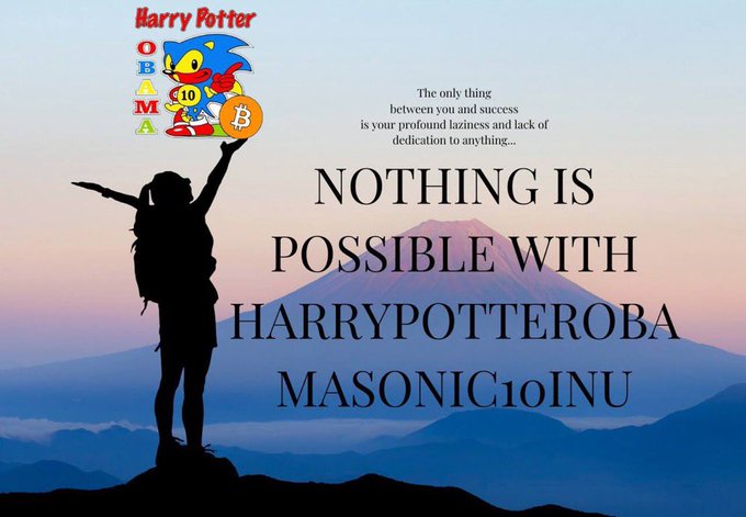 A motivational graphic featuring a silhouette of a hiker with arms raised against a mountain backdrop, overlaid with 'Harry Potter OBAMA' meme text and a larger quote 'NOTHING IS POSSIBLE WITH HARRYPOTTEROBAMASONIC1oINU'.