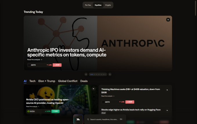 A dark-themed financial news dashboard shows trending AI stories, headlined by "Anthropic IPO investors demand AI-specific metrics on tokens, compute," with ANTH ticker down 1.05%, alongside Nvidia CEO coverage (NVDA up 4.37%) and Thinking Machines funding news. The post about a trading checklist on Midas Markets appears unrelated to this image, which displays news feed UI rather than any trading interface or checklist process.