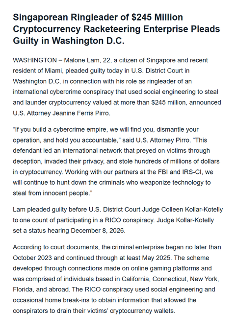 A news article headlined 'Singaporean Ringleader of $245 Million Cryptocurrency Racketeering Enterprise Pleads Guilty in Washington D.C.' detailing the case of Malone Lam.