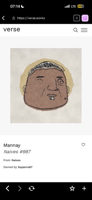 A screenshot from verse.works displaying an NFT titled "Mannay" from the "Naives #987" collection, owned by Suparno67, featuring a cartoon drawing of a round-faced character.