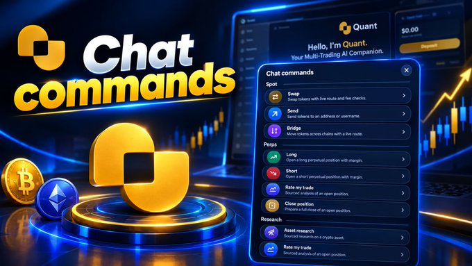 Promotional graphic for 'Chat commands' featuring the Quant multi-trading AI companion, displaying a chat interface with options like Swap, Send, Bridge, Long, Short, and Close position.