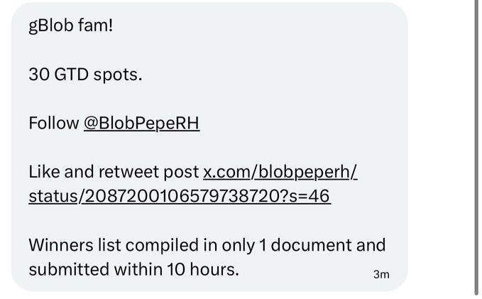 A Telegram-style message from 'gBlob fam!' offering 30 GTD spots, asking users to follow @BlobPepeRH and like/retweet a post on x.com/blobpeperh, with a winners list compiled within 10 hours.