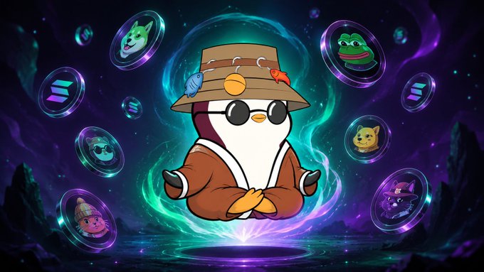 A penguin mascot wearing a fisherman's hat and sunglasses meditating in a lotus position, surrounded by glowing cryptocurrency coins including Solana and Dogecoin.