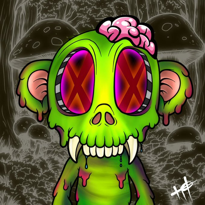 A digital illustration of a green zombie monkey with an exposed pink brain and X-shaped eyes, set against a background of dark mushrooms and dripping foliage.