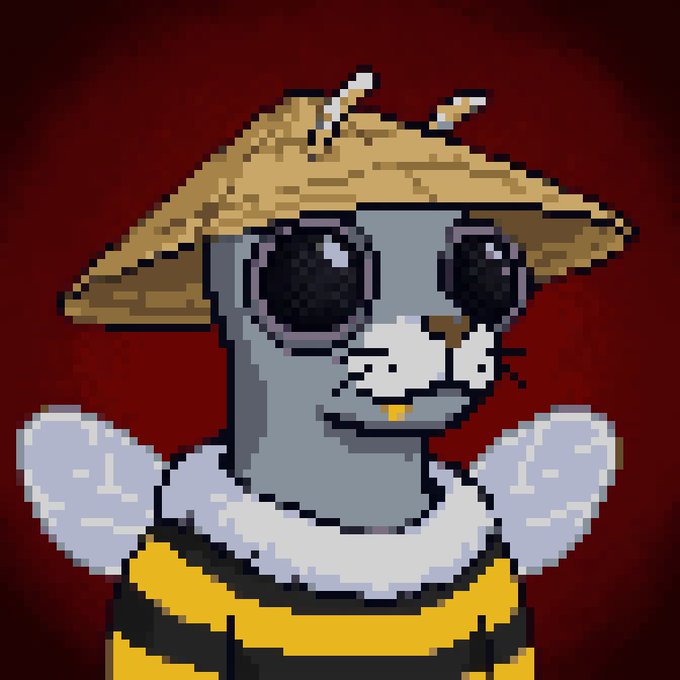 Pixel art character of a gray cat wearing sunglasses and a straw hat, with white fluffy cheeks and a yellow outfit against a dark red background.