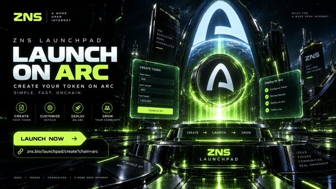 Futuristic green and black promotional graphic for 'ZNS Launchpad' announcing 'Launch on Arc', with text highlighting token creation on the Arc ecosystem.