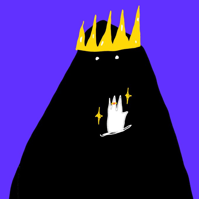 A digital drawing of a large black shadowy figure wearing a golden crown, with two small white eyes and a small white cat with sparkles resting on its form against a purple background.