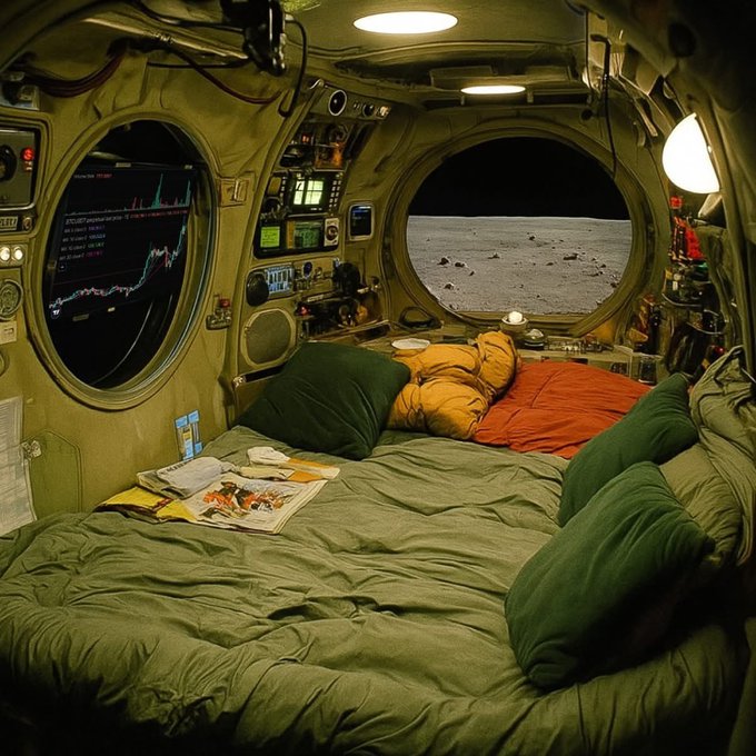 An artistic rendering of the interior of a lunar or space habitat, showing a bed with green and orange bedding, control panels, and a circular window overlooking the moon's surface.