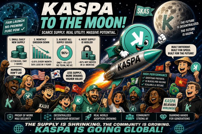 A promotional graphic for Kaspa cryptocurrency titled 'KASPA TO THE MOON!' featuring a rocket, stats about small daily supply and emission, and a diverse crowd of supporters with flags.