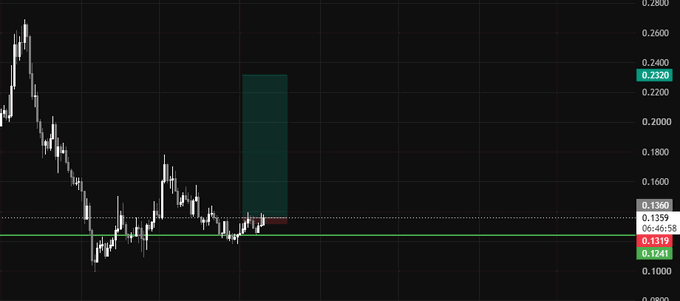 A candlestick chart shows the price action of an asset (likely FARTCOIN) hovering around the $0.1241-$0.1359 range with a green horizontal support line at 0.1319, illustrating the volatile price movements referenced in the poster's declaration of "Bull posting fartcoin" becoming their persona.