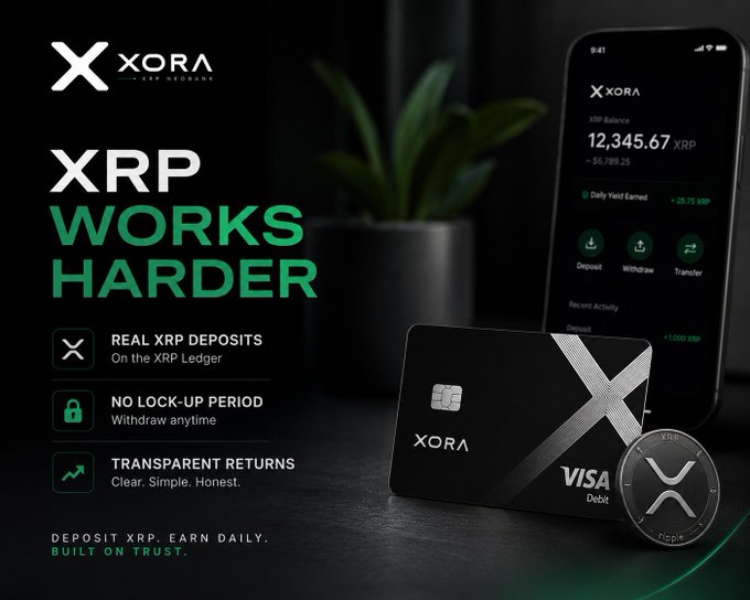 Advertisement for 'XORA - XRP Redefine' reading 'XRP WORKS HARDER', promoting real XRP deposits on the XRP Ledger with no lock-up period and transparent returns, featuring a Visa debit card, an XRP coin, and a mobile app showing a 12,345.67 XRP balance.