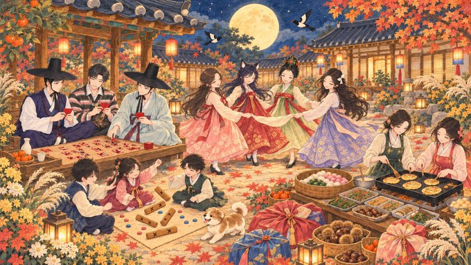 Illustrated scene depicting a traditional Korean Chuseok celebration, showing people in hanbok, playing yut nori, making songpyeon, and gathering under a full moon with autumn foliage.