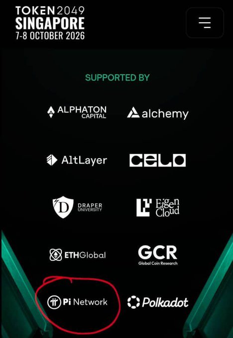 A screenshot of the TOKEN2049 Singapore event page (7-8 October 2026), listing supporters, with 'Pi Network' circled in red.