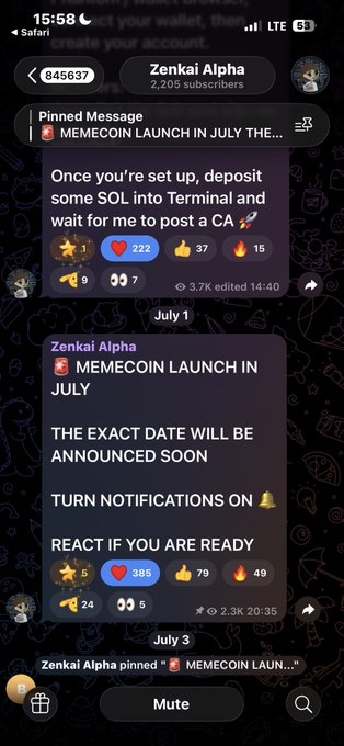 A screenshot of a Telegram channel 'Zenkai Alpha' with 2,205 subscribers, showing a pinned message about a MEMECOIN LAUNCH IN JULY with a date to be announced soon.