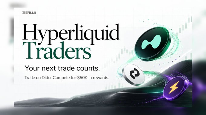 A promotional graphic for 'Hyperliquid Traders' on the Ditto exchange, reading 'Your next trade counts. Trade on Ditto. Compete for $50K in rewards,' featuring stylized cryptocurrency icons.