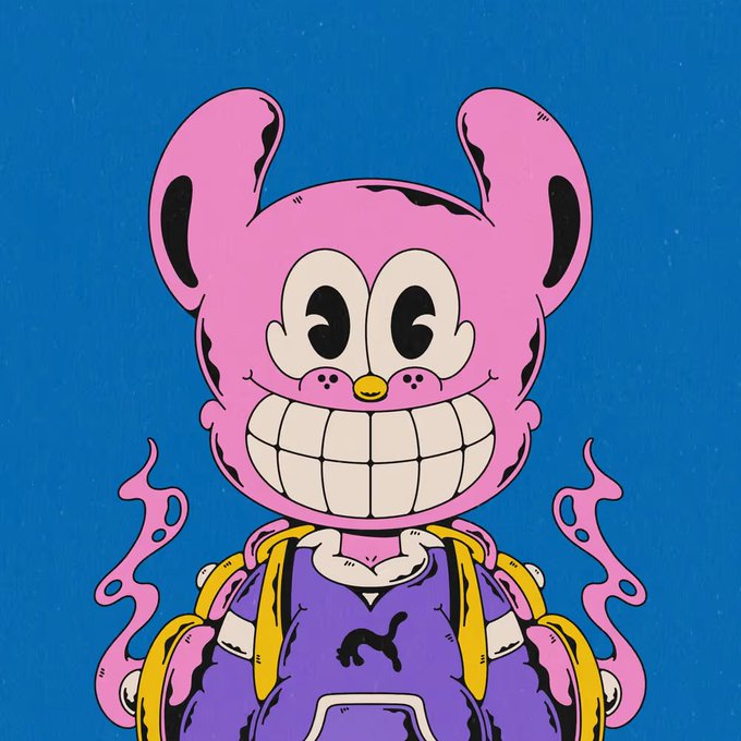 An illustration of a cartoon character with a pink mouse/rabbit-like head, large toothy grin, and dark skin, wearing a purple outfit with a yellow backpack, set against a blue background.
