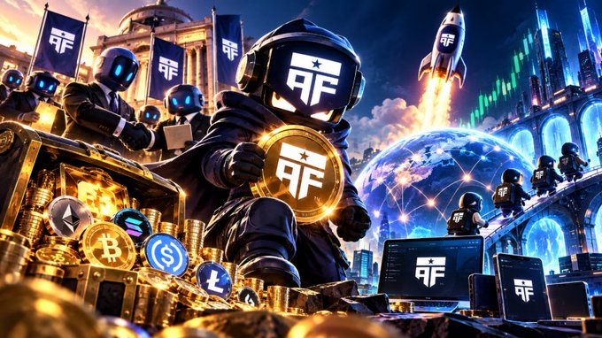 An AI-generated digital artwork depicts armored figures holding cryptocurrency coins with logos including Bitcoin and others, alongside rockets and a glowing earth.