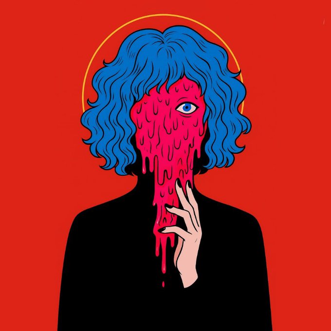 The image features a woman with blue hair, wearing a black shirt that has red paint dripping down her neck. The background of the image is red, which contrasts with the blue hair and the black shirt. There are also some words visible on the image, including "Partnered with @SaintsMelting to giveaway some GTD spots Follow @KingsEcheeh @SaintsMelting Like". This suggests that the woman's unique appearance might be related to a specific event or promotion involving the artist's work.
