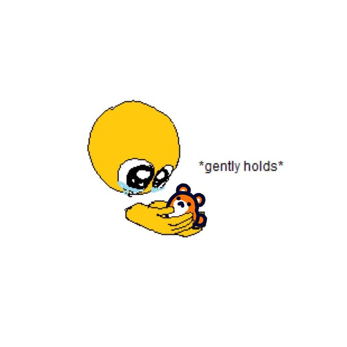 A cartoon illustration of a yellow round character crying while gently holding a small orange tiger cub, with the caption '*gently holds*'.
