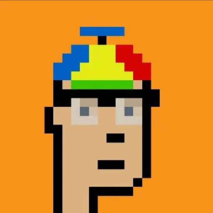 A pixel art portrait of a man wearing a multicolored propeller hat (blue, yellow, red, green) against a bright orange background.