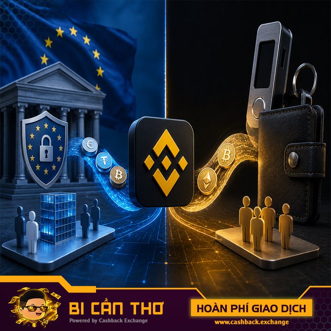 A Binance cryptocurrency exchange advertisement showing the EU flag, a government building, security icons, crypto coins, and a hardware wallet, with text 'BÌ CÂN THƠ Powered by Cashback Exchange' and 'HOÀN PHÍ GIAO DỊCH www.cashback.exchange'.