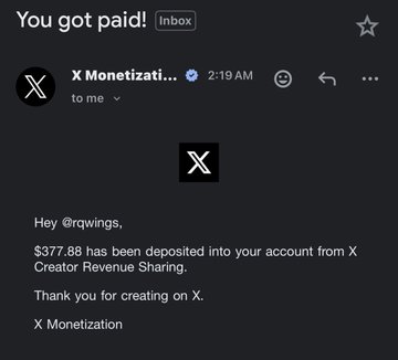 An email notification from 'X Monetizati...' showing the message 'You got paid!' with a deposit of $377.88 from X Creator Revenue Sharing.