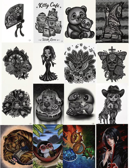 A collage of various black-and-white and colored tattoo design illustrations featuring characters, skulls, animals, and abstract patterns.