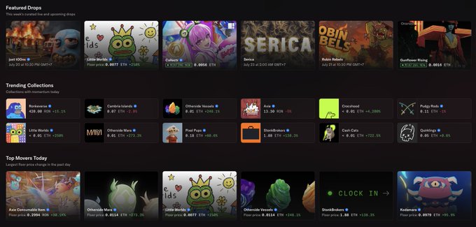 A screenshot of OpenSea's homepage showing three sections: "Featured Drops" (including "just KO'd," "Little Merbs," "Calderio II," "Serica," "Robin Rebels," and "Quietwave Rising"), "Trending Collections" (such as Boredtown, Cumbria Islands, Otherside Vessels, KaijuKingz, CocaGhost, Pudgy Rods, Little Words, NBA Top Shot, Pixel Pups, DuskBreakers, Cool Cats, and Quakkaz), and "Top Moves Today." The tweet praises OpenSea while acknowledging community figures, expressing appreciation for the platform alongside creators like @balon_art and @dfinzer.