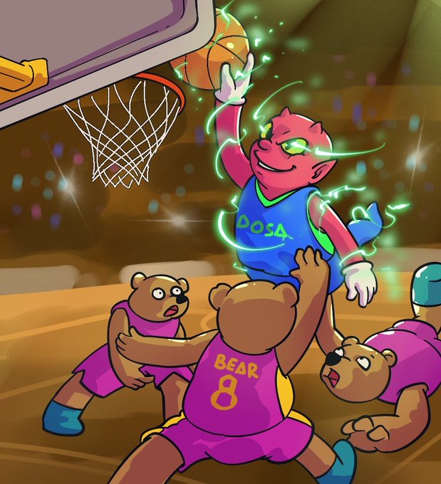 Colorful digital artwork depicting a red demon-like character in a blue 'Dosa' jersey performing a slam dunk over bear players wearing pink 'Bear 8' jerseys.