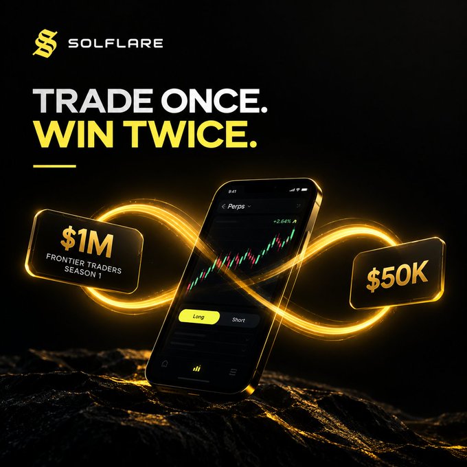 A promotional graphic for SOLFLARE reading 'TRADE ONCE. WIN TWICE.' featuring a phone displaying a trading chart and prize tags for '$1M FRONTIER TRADERS SEASON 1' and '$50K'.