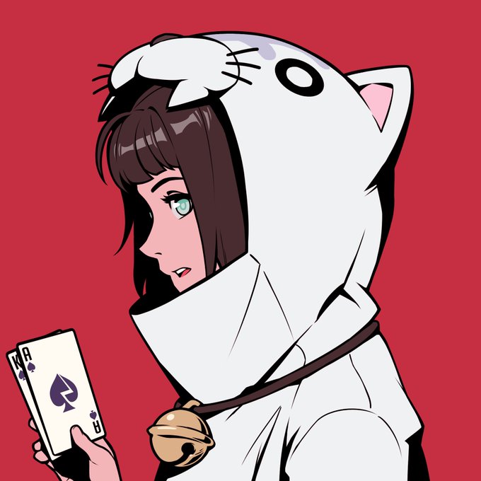 An anime-style illustration of a girl wearing a white cat-eared hooded outfit, holding playing cards (King and Ace of Spades) against a red background.