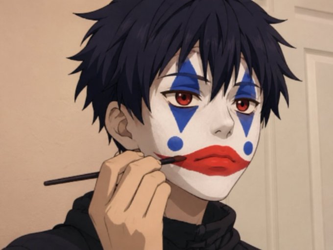 An anime-style illustration depicts a character with messy dark hair, striking red eyes, and white face paint adorned with blue diamond patterns applying red lipstick, reminiscent of a clown or jester aesthetic often associated with the Kaito crypto mascot.

The image visually echoes the post's mocking tone—portraying a clown-like figure with exaggerated makeup to ridicule someone perceived as a "joke" or fool celebrating Kaito's comeback despite their lack of credibility (zero onchain activity, $2 portfolio, etc.).