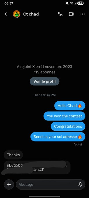 A French-language Instagram DM screenshot from 'Ct chad' showing a conversation where someone claims the user won a contest and asks for their sol (Solana) address.