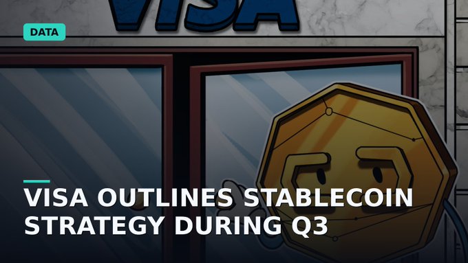 A news graphic titled 'VISA OUTLINES STABLECOIN STRATEGY DURING Q3' with a 'DATA' tag, featuring a cartoon gold coin character in front of a Visa storefront.
