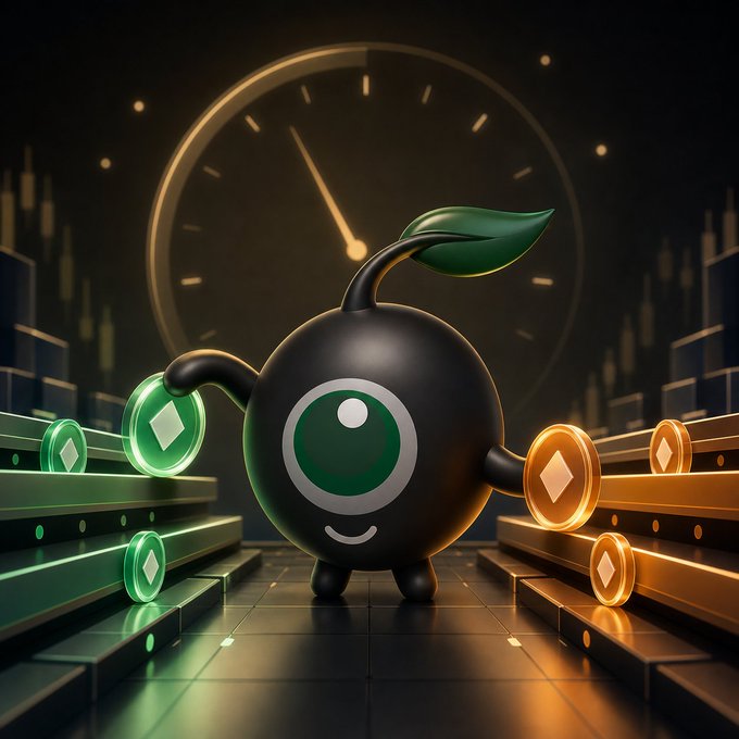 A 3D-rendered black character with a green leaf on its head, standing in front of a large clock and surrounded by glowing green and orange Ethereum tokens.