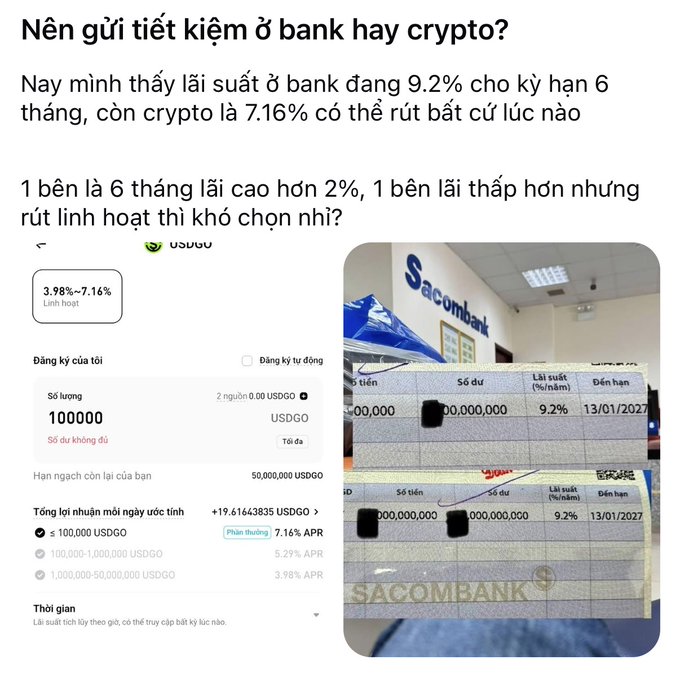 The image compares savings options, showing a Sacombank certificate of deposit with a 9.2% annual interest rate expiring on 13/01/2027 alongside a "USDGO" cryptocurrency platform offering rates from 3.98% to 7.16% APR with flexible withdrawal. The text questions whether to save in a bank or crypto, highlighting the dilemma of higher rates with fixed terms versus lower, flexible rates.