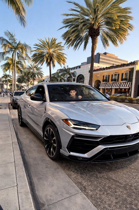A white Lamborghini Urus SUV parked on a palm-tree-lined street with a person visible inside the vehicle.