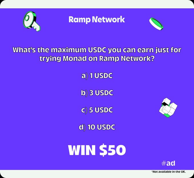 The image features a purple background with white text that reads "What's the maximum USDC you can earn just for trying Mahad on Ramp Network?". The text also includes three options, each with a corresponding number of points (1, 2, 3) associated with them. A green button is located in the top left corner of the image and has a message that says "#ad".