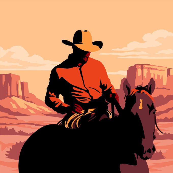 A stylized digital illustration of a silhouetted cowboy in a hat and orange shirt riding a dark horse against a desert landscape with mesas and a warm sky.